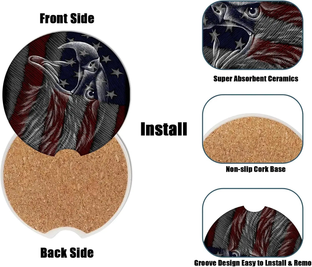 American Flag Eagle Ceramic Car Cup Holder Coasters – Set of 2 Car Cup Holder Coaster HIP