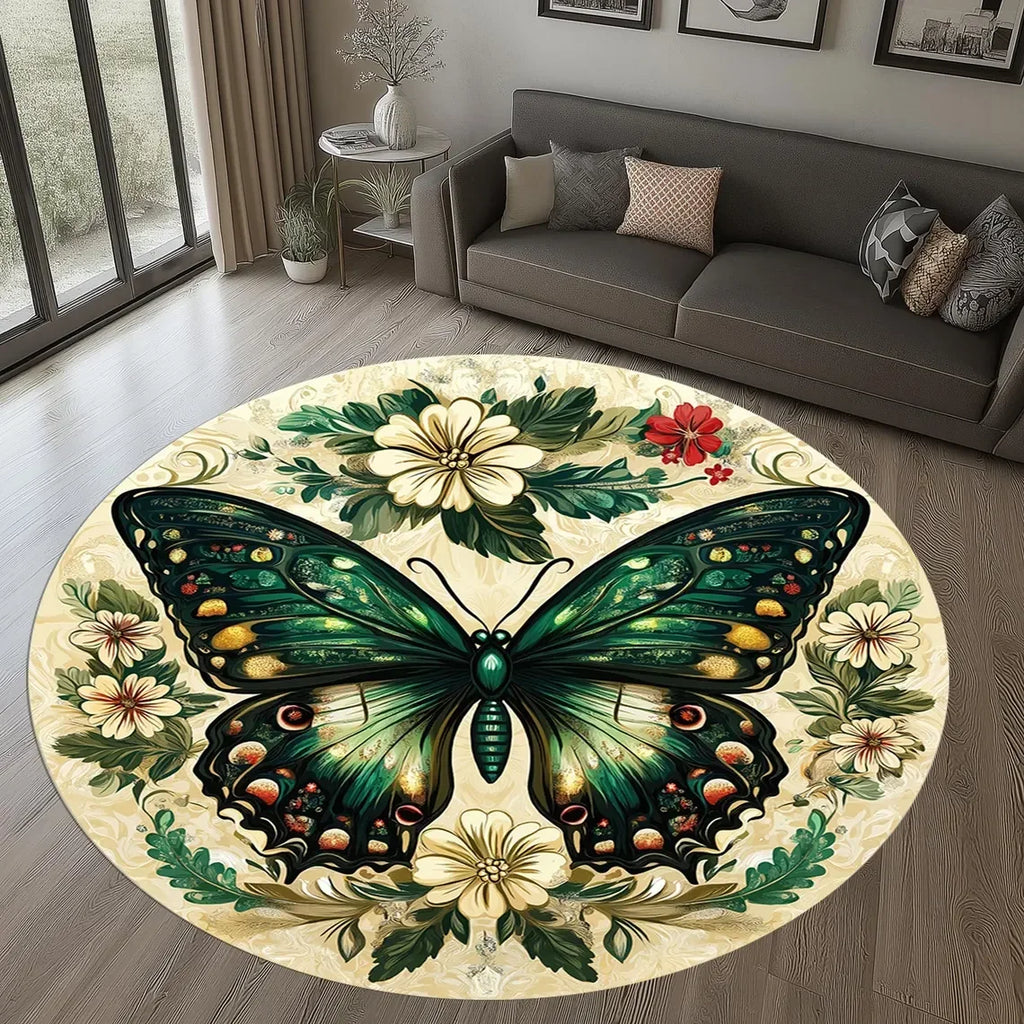 Butterfly Floral Round Area Rug – Anti-Slip Flannel Carpet Decorative Area Rug HIP