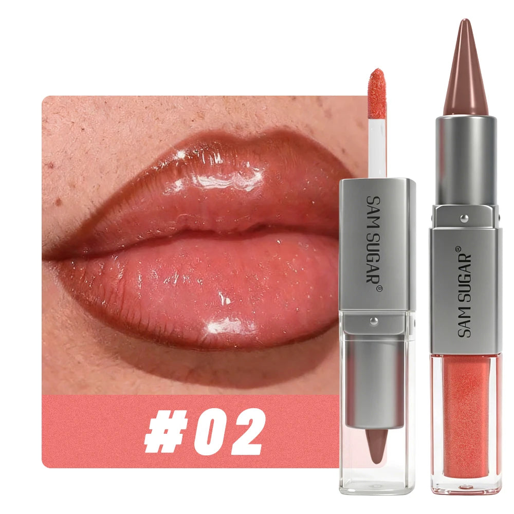 2-in-1 Lip Liner & Lip Gloss Crayon Mirror Glass Fine Shimmer Lipglaze Easy Apply Long-Lasting Waterproof Matte Lip Liner Makeup HIP 02