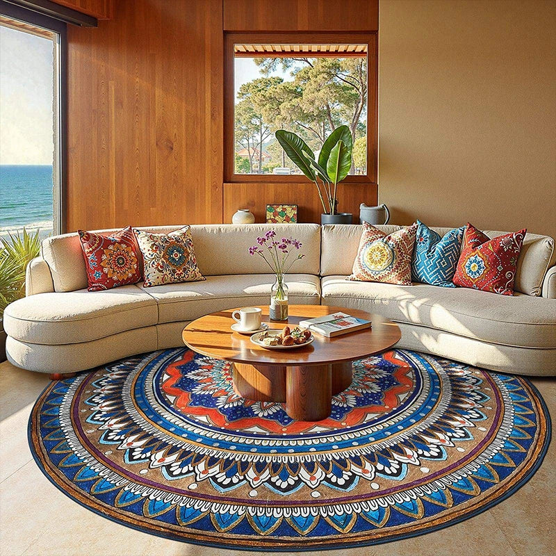 Round Washable Non-Slip Rug – Soft Retro Geometric Design Round Area Rug HIP