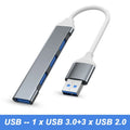 4-Port USB-C Hub – USB 3.0 & 2.0 Splitter Adapter OTG USB-C Hub HIP Gray-USB