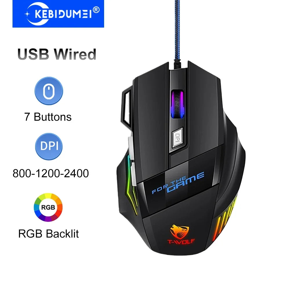 KEBIDUMEI 7-Button RGB Wired Gaming Mouse 2400 DPI Ergonomic Wired Gaming Mouse HIP 7Buttons 2400dpi