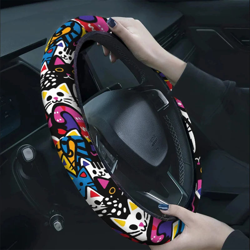 Cartoon Cat Geometric Patchwork 15-Inch Steering Wheel Cover Steering Wheel Cover HIP