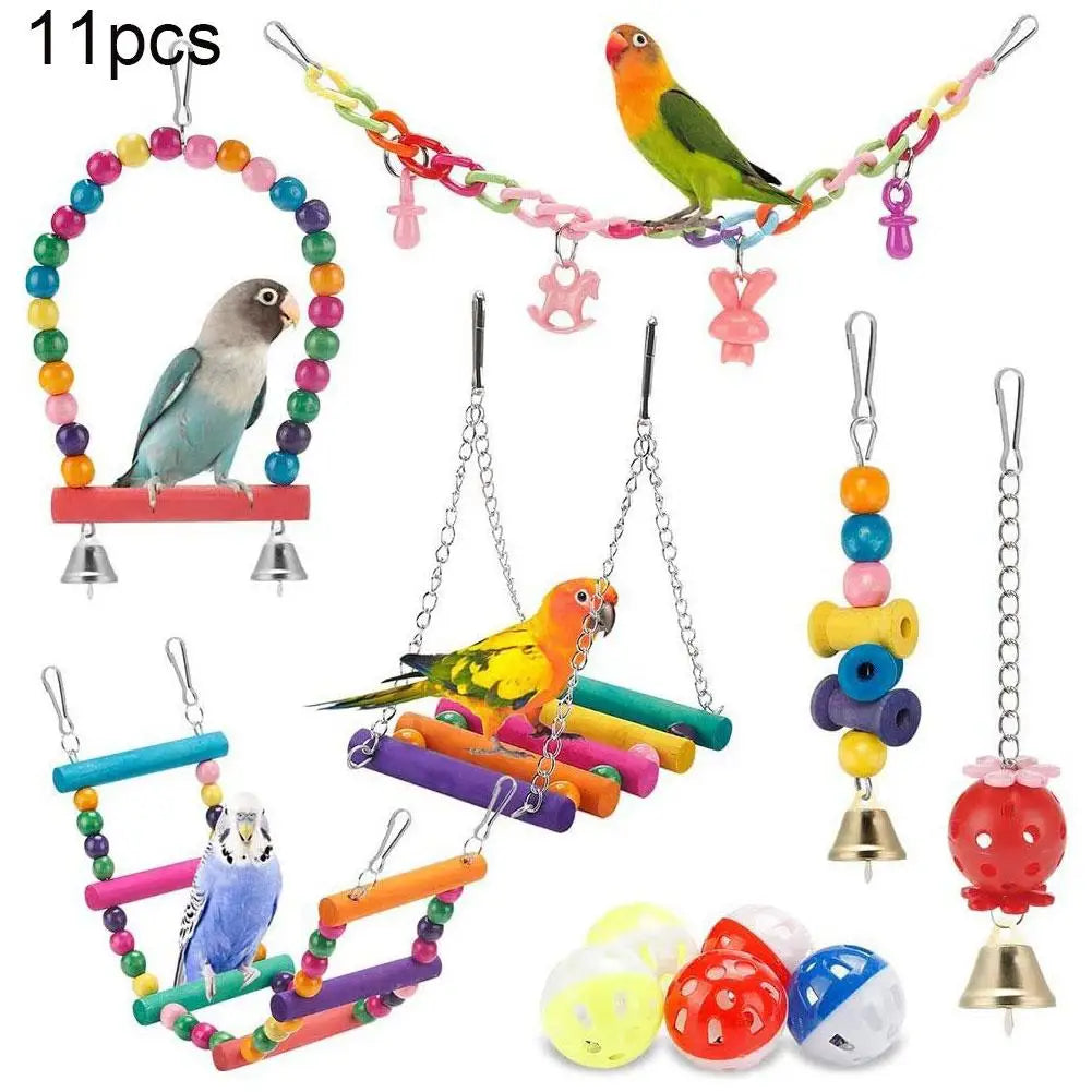 Bird Cage Toys for Parrots Wood Birds Swing Reliable Chewable Bite Bridge Wooden Beads Shape Parrot Toy 7pcs Bird Toys parrot HIP A