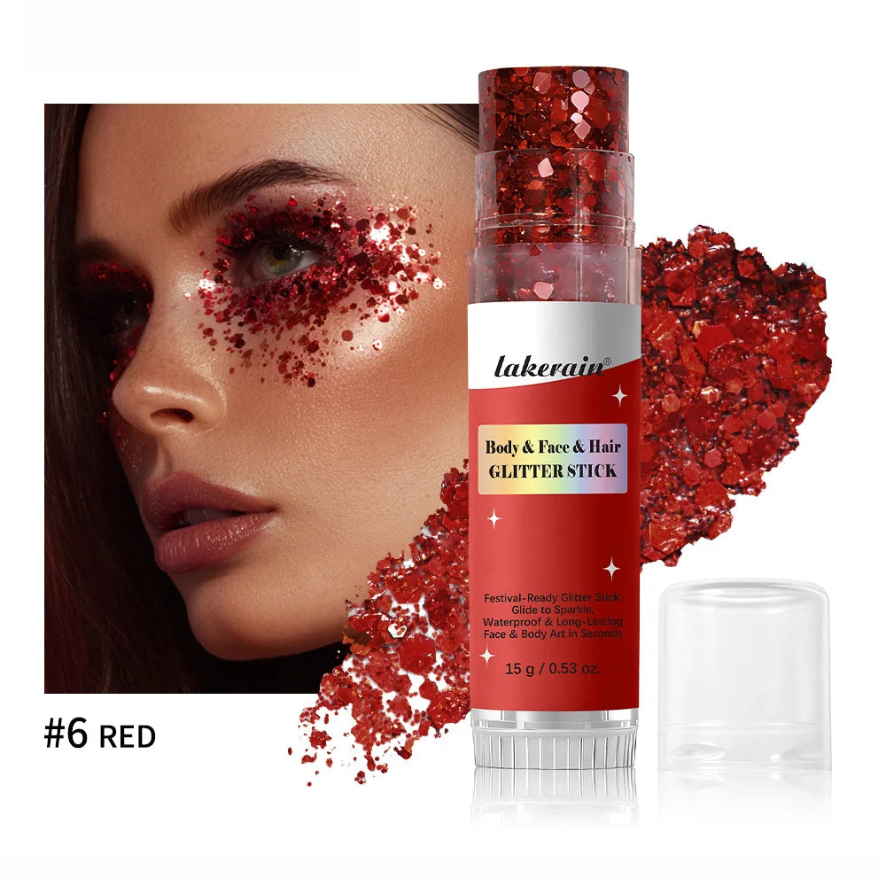 Hair Glitter, Pink Glitter Stick for Hair and Body, Hair & Body Sparkle On-The-Go Singer Concert Music Rave Festival-Ready Shimm HIP 6Red