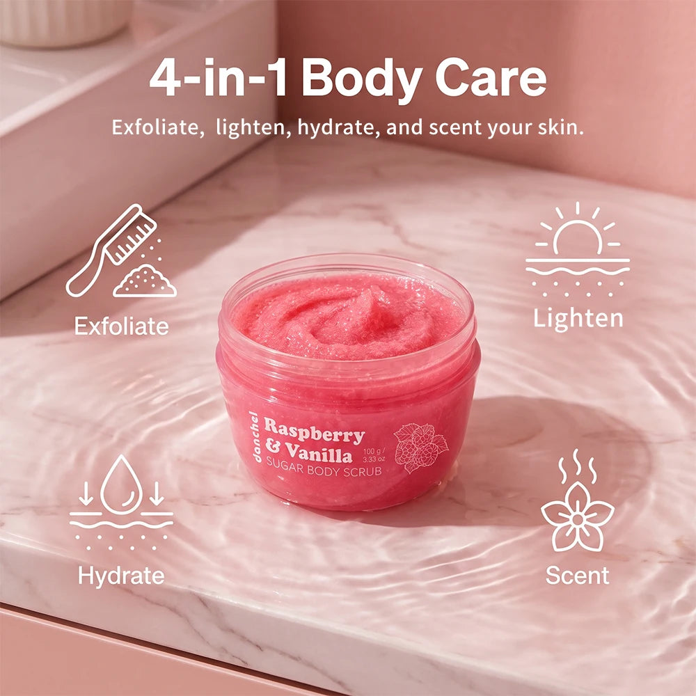 Raspberry Vanilla Sugar Glow Scrub Gentle Face Body Exfoliator Remove Dead Skin Cells Smooth Soft Fragrance Shower Care HIP