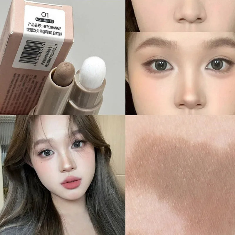 Double Head Contour Stick Bronzer with Brush Face Nose Shadow Cream Contour Pen Waterproof Lasting Contouring Makeup Cosmetics HIP