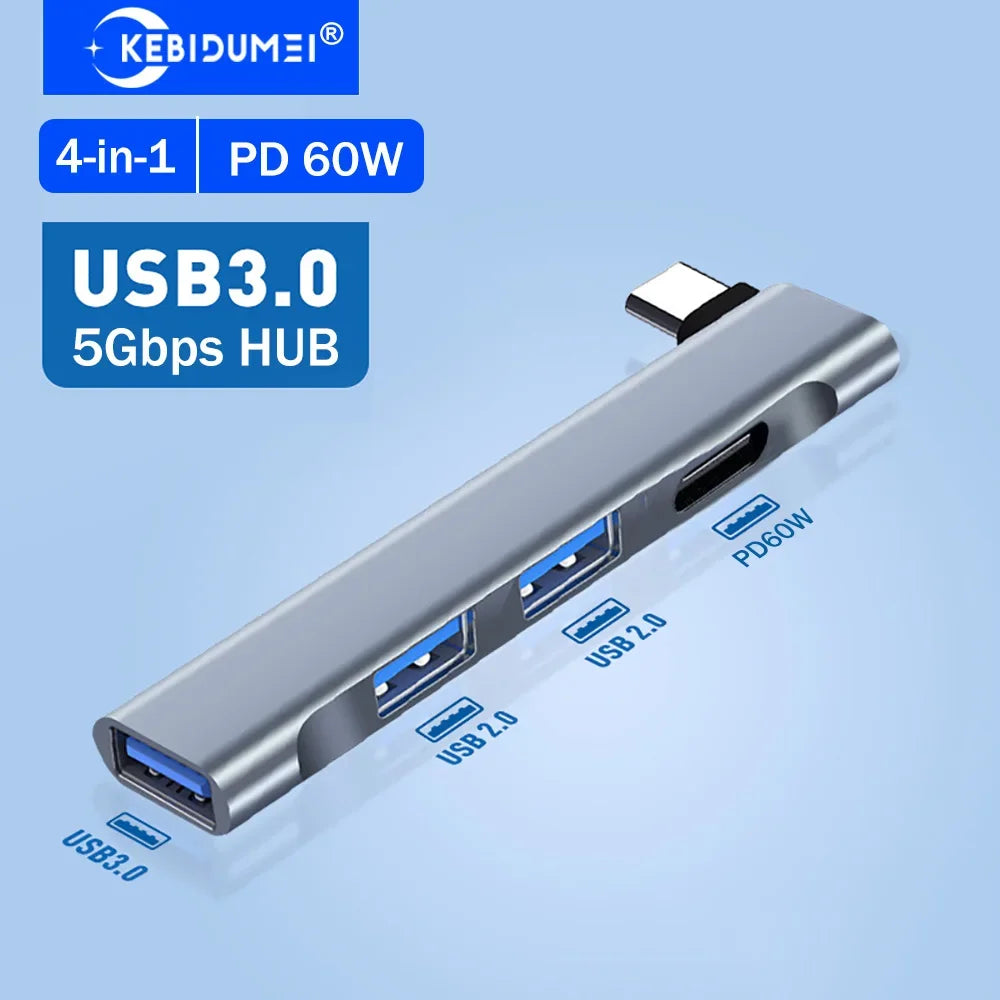 KEBIDUMEI 4-in-1 USB-C Hub | PD 60W & USB 3.0 5Gbps Adapter USB-C Hub Adapter HIP
