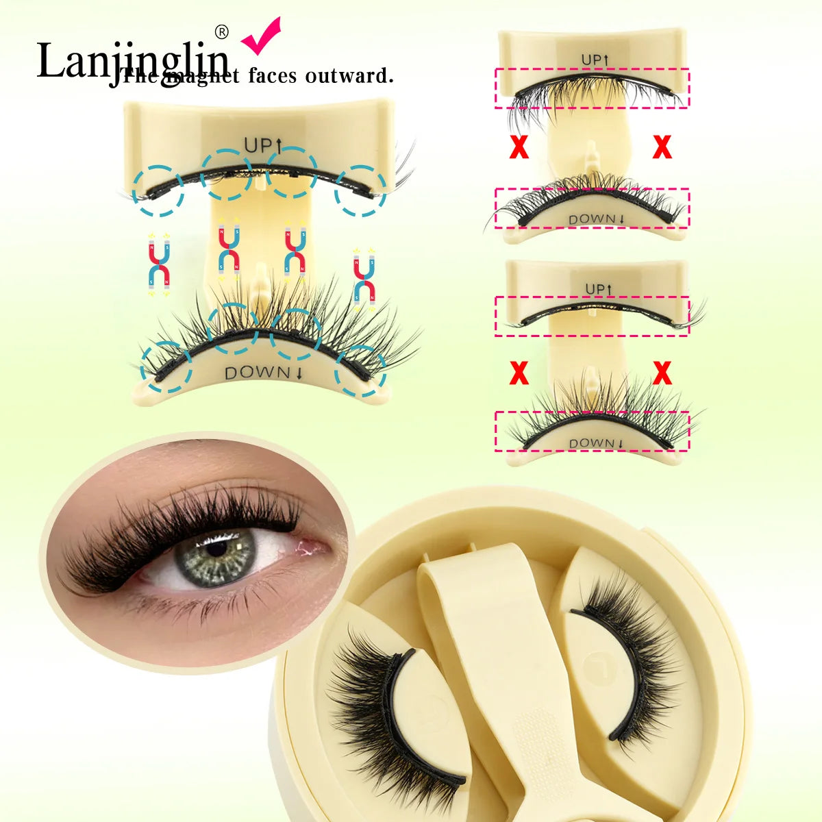 Lanjinglin 1 Pair Reusable Magnetic Eyelashes 3D Natural Mink Lashes No Glue Needed False Eyelashes and Magnetic Tweezers Set HIP