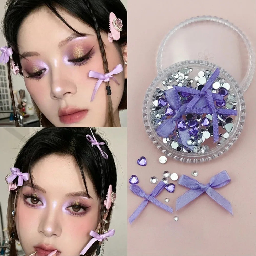 1 Box Sweet Face Jewelry Decoration Rhinestone 3D Bow Love Crystal Diamond Pearl Safe Nail Hair Accessories Festival Face Makeup HIP 04Light Purple