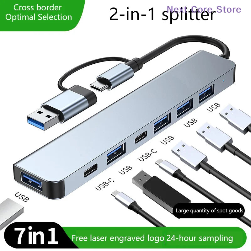 7-in-2 USB Hub Docking Station – USB-C, 3.0 & Card Reader USB Hub Docking Station HIP