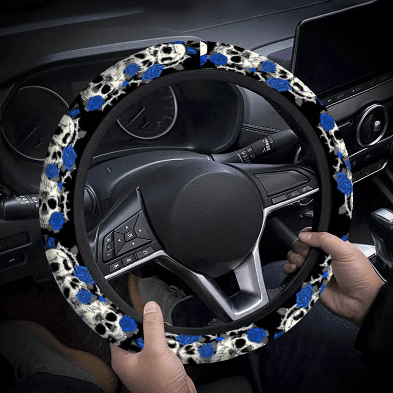 Gothic Skull & Blue Rose Steering Wheel Cover – Non-Slip Steering Wheel Cover HIP