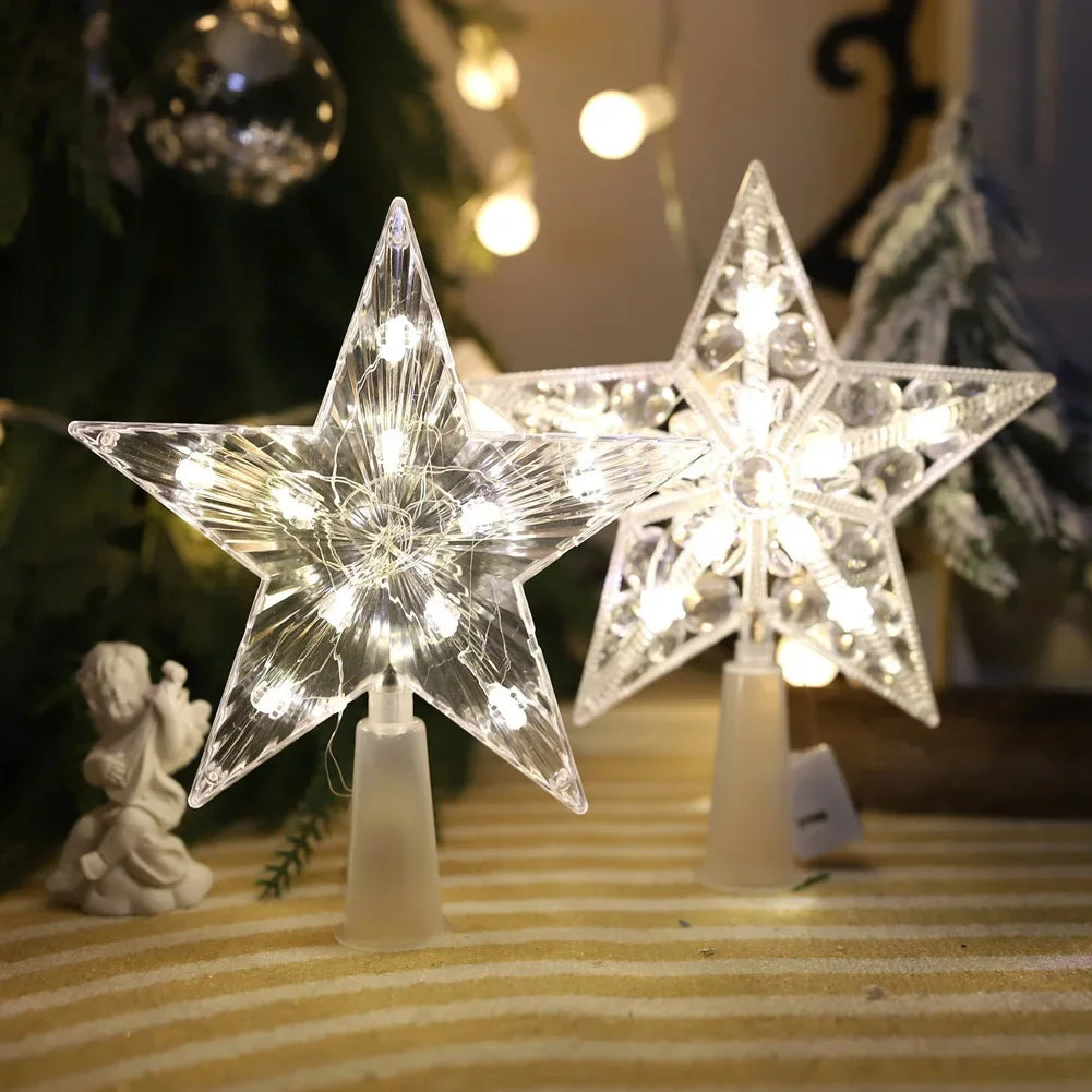 Transparent Five-Pointed Star LED Christmas Tree Topper Battery Operated Glowing Xmas Home Party Decor HIP