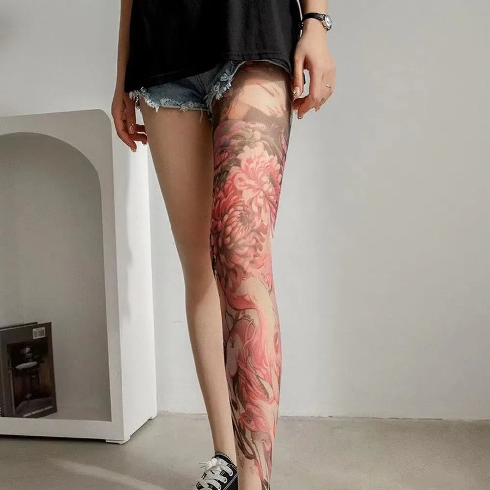 Women's Peony Tattoo Print Mesh Pantyhose & Sheer Tights Printed Pantyhose Tights HIP