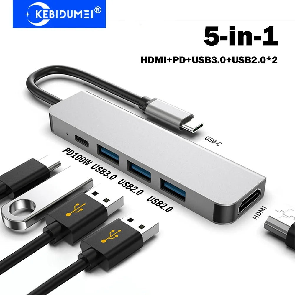 KEBIDUMEI 5-in-1 USB-C Hub – 4K HDMI, USB 3.0 & 100W PD USB-C Docking Station HIP