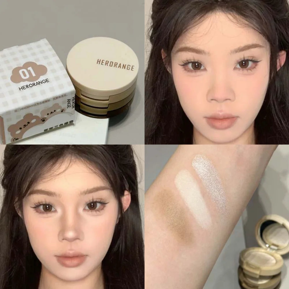 3 Color Contour Palette Matte Pearl Glitter Highlighter Powder Lasting Natural 3D Nose Shadow Blush Facial Sculpting Makeup Tray HIP 01 Pearl Brown