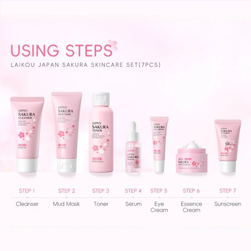 LAIKOU Sakura 7-Piece Skincare Set – Hydrate, Brighten & SPF50 Skincare Gift Set HIP