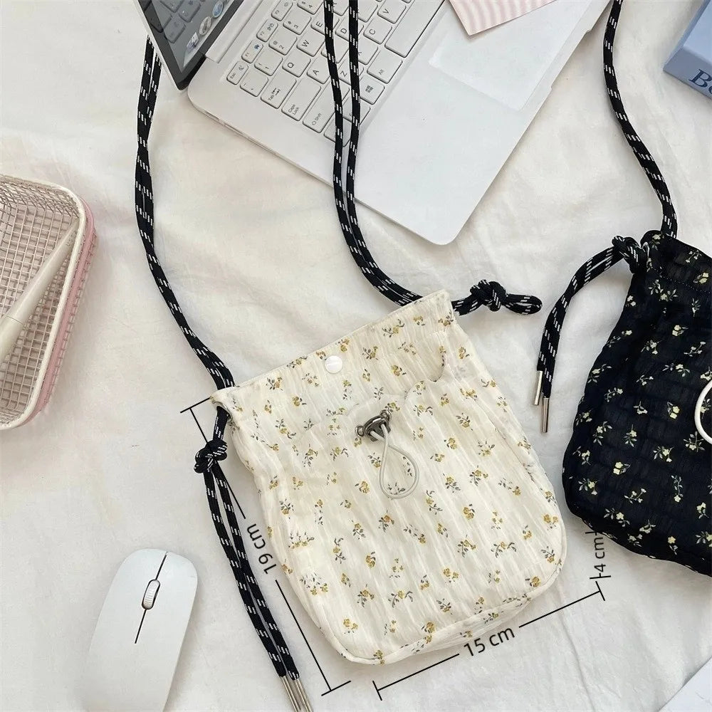 Floral Canvas Drawstring Crossbody Bag – Lightweight Mini Purse Canvas Crossbody Bag HIP