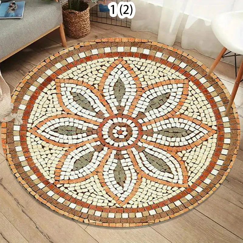 Mosaic Floral Round Rug – Boho Mediterranean Tile Print Mat Boho Round Rug HIP 2 120X120CM