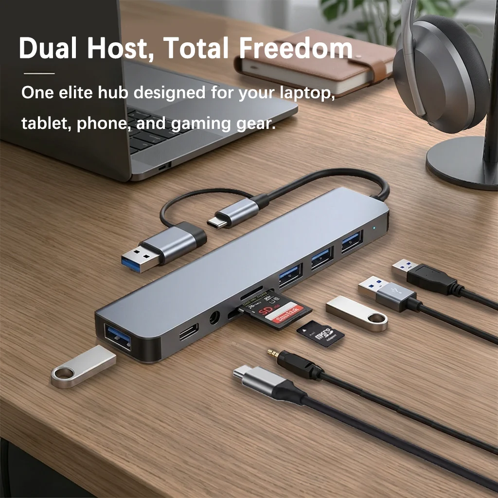 8-in-2 USB-C Hub – 8-Port Dual Host Docking Station USB-C Docking Hub HIP