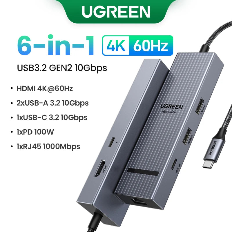 UGREEN USB-C Hub 10Gbps 4K60Hz HDMI PD100W 6-in-1 Dock USB-C Docking Hub HIP 6-in-1 RJ45 China Mainland