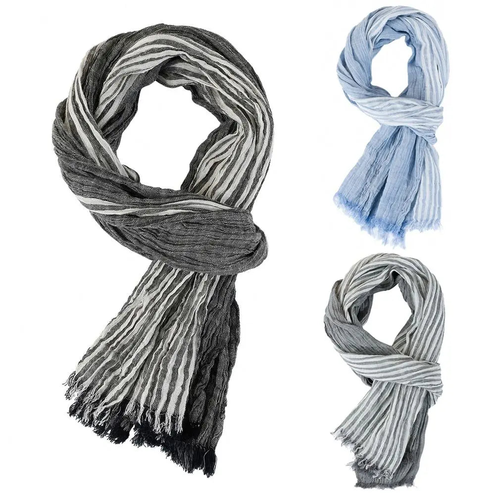 Men's Striped Cotton Linen Scarf – Warm Tassel Shawl Wrap Men's Scarf Shawl HIP