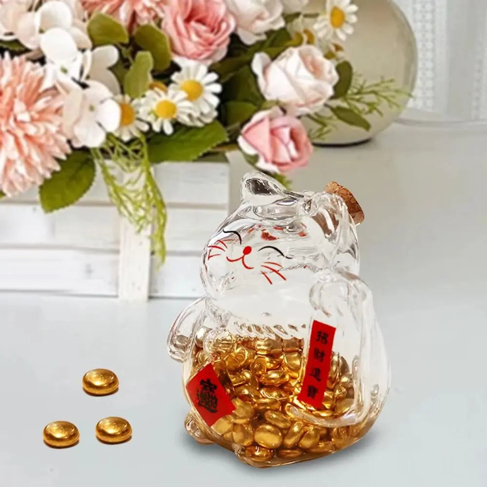 Lucky Cat Glass Piggy Bank – Cute Coin Jar & Home Décor Decorative Coin Bank HIP