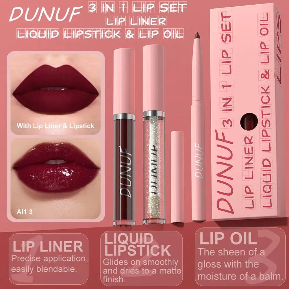 DUNUF 3-Pc Matte Lipstick, Lip Liner & Lip Oil Set – Rose Pink Lip Makeup Kit HIP