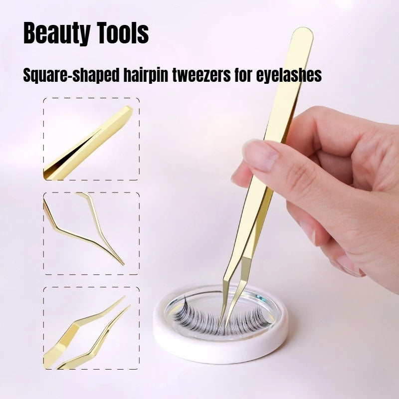 Square Curved Tip Tweezers Lash Extension Tweezers High Precision Silver Gold Stainless Steel Anti Slip Quick-Separator Tools HIP