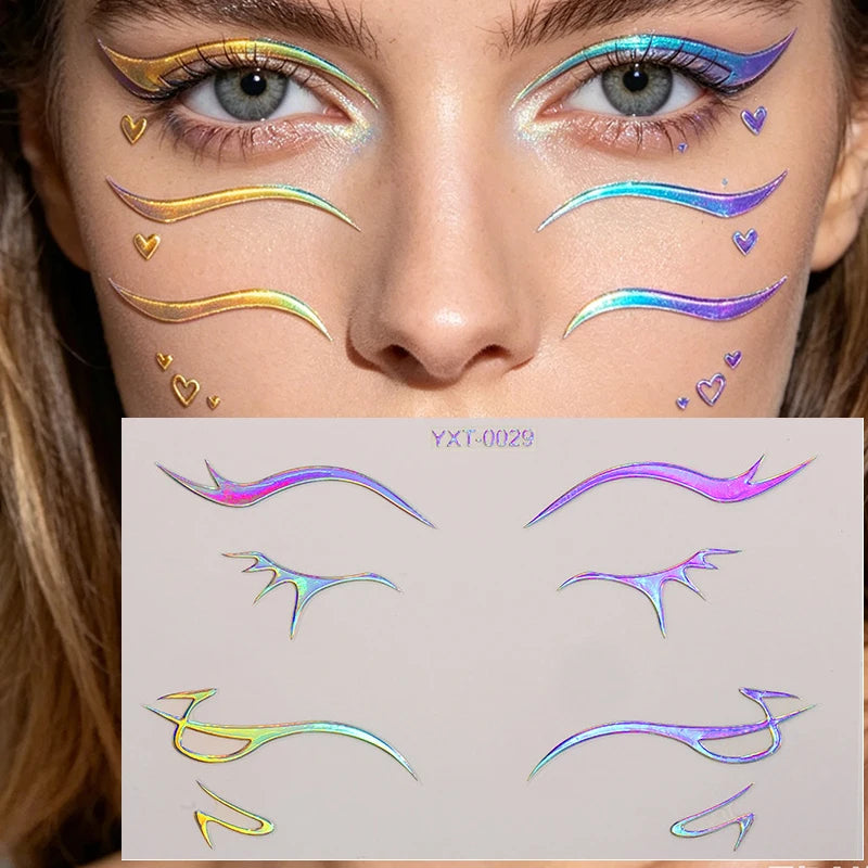 Colorful Eyes Makeup Stickers Laser Eye Eyeliner Eyebrows Face Art Sticker Decals Halloween Temporary Tattoo Party Decorations HIP YXT-029-1Pc