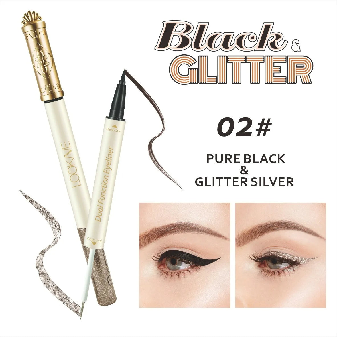 Dual Eyeliner Wand Pearlescent Diamond Eye Shadow Liquid Sequins Smooth Mini Fine Brush Black Silver Gold Glitter Eye Pigment HIP 02