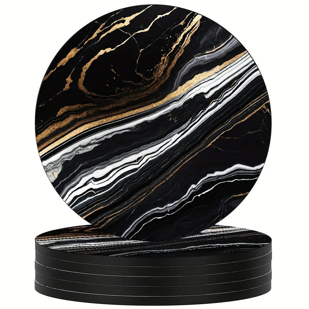 6-Piece Marble Wooden Drink Coasters Set – Heat Resistant 4" Drink Coaster Set HIP Black