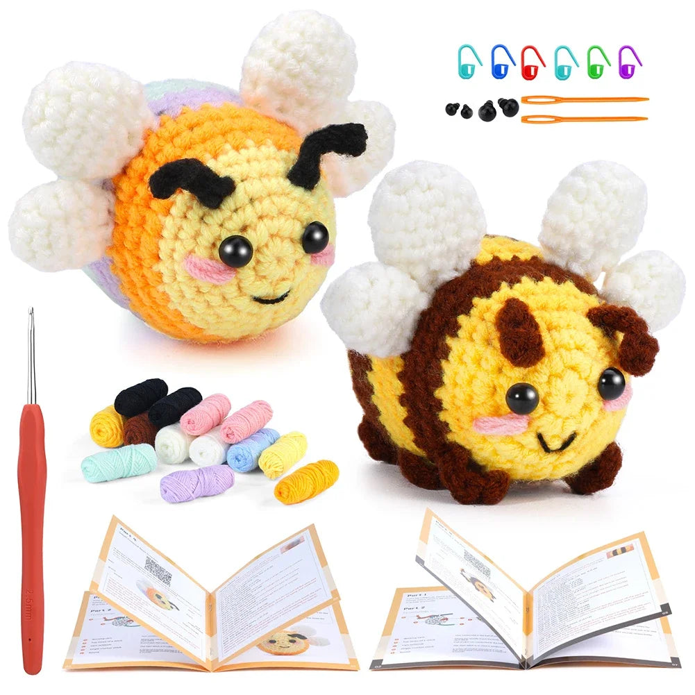 All-in-One Creative Crochet Kit with Video Tutorial DIY Crochet Bee Kit for Beginners Plush Handmade Doll for Adults Home Decor HIP