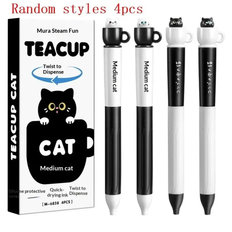 Cute Teacup Cat Gel Pen 0.5mm – Quick Dry Rotating Design Novelty Gel Pen HIP 4pcs