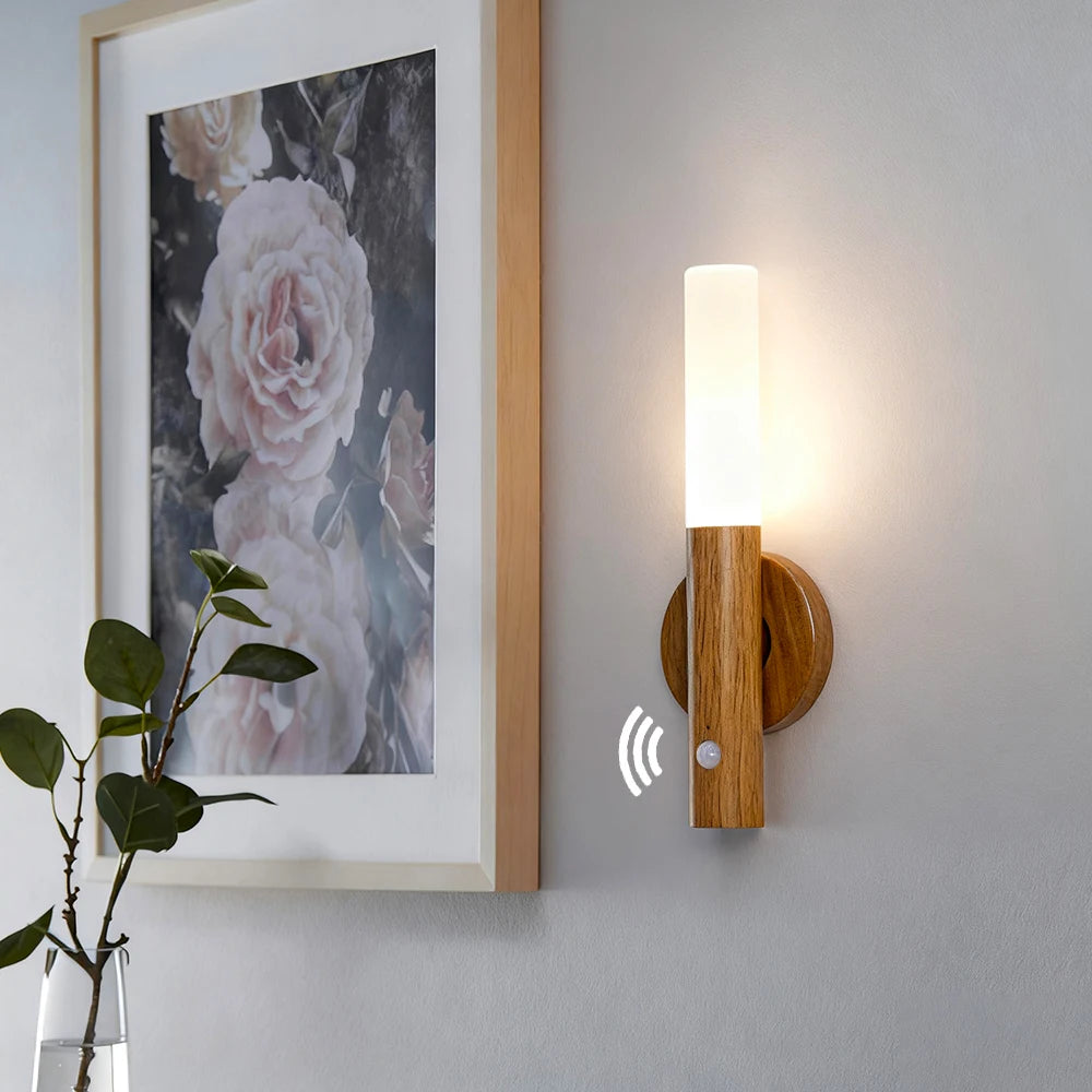 Magnetic LED Motion Sensor Wall Light – 360° Rotating Wood Lamp LED Wall Lamp HIP