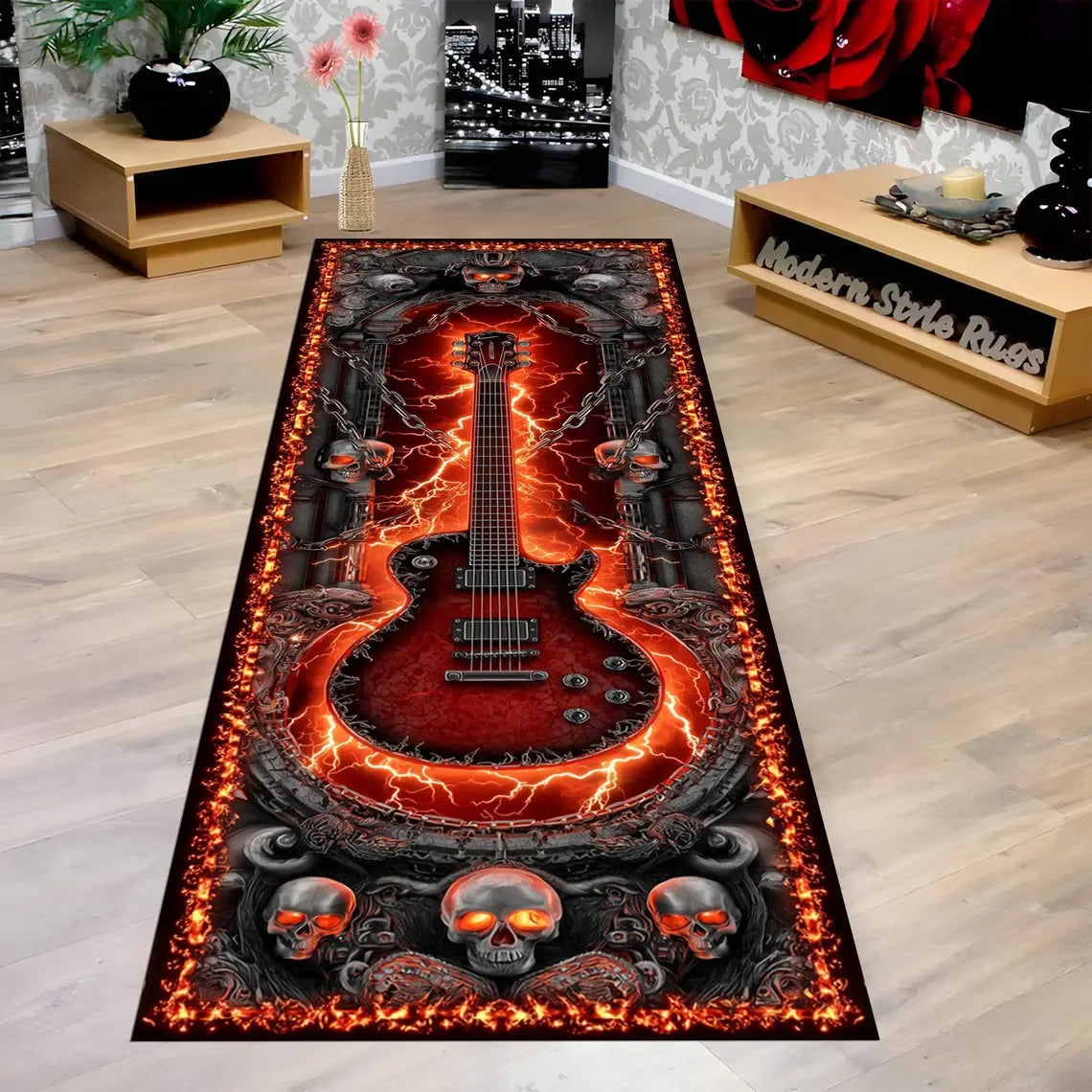 Guitar Skull Flame Runner Rug – Non-Slip Kitchen & Hallway Mat Runner Rug HIP