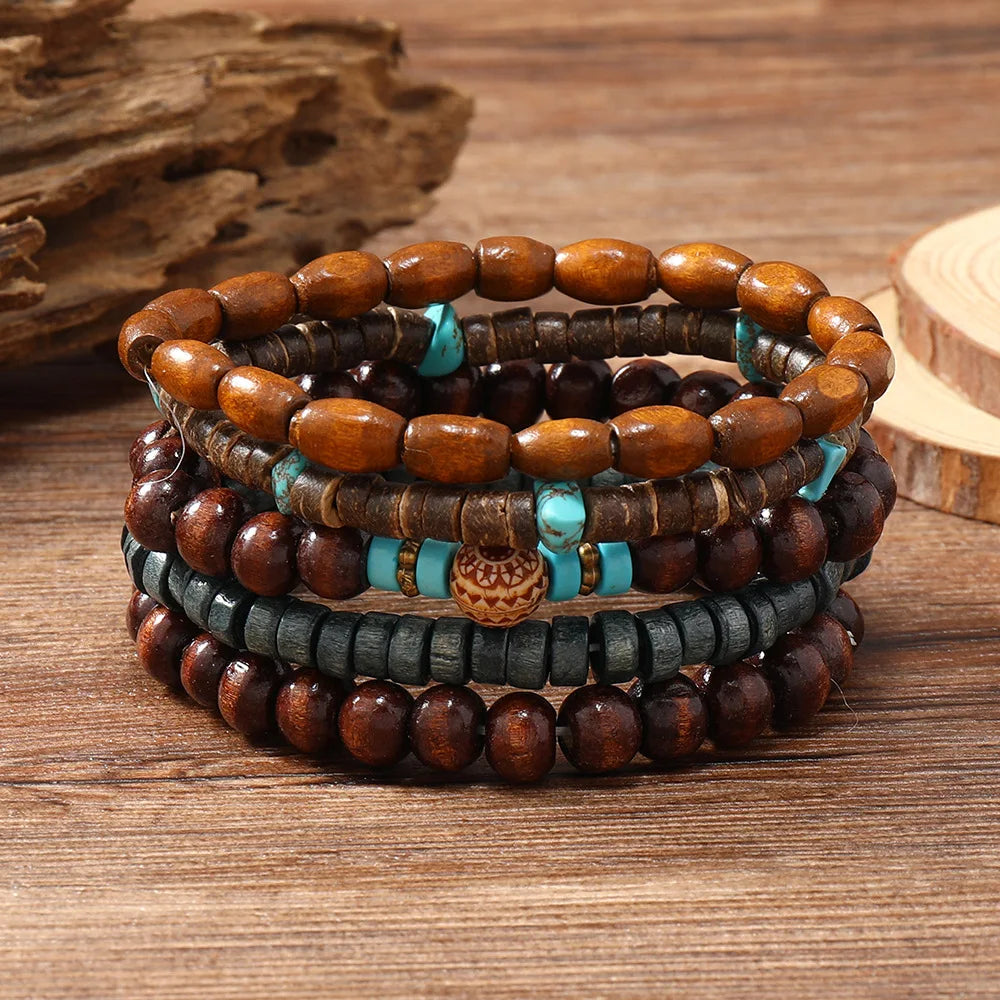 5Pcs Wood Beads Beaded Bracelet Set For Men Women Vintage Wood Beads Elastic Chain Bangle Fashion Daily Party Jewelry HIP 2 20cm