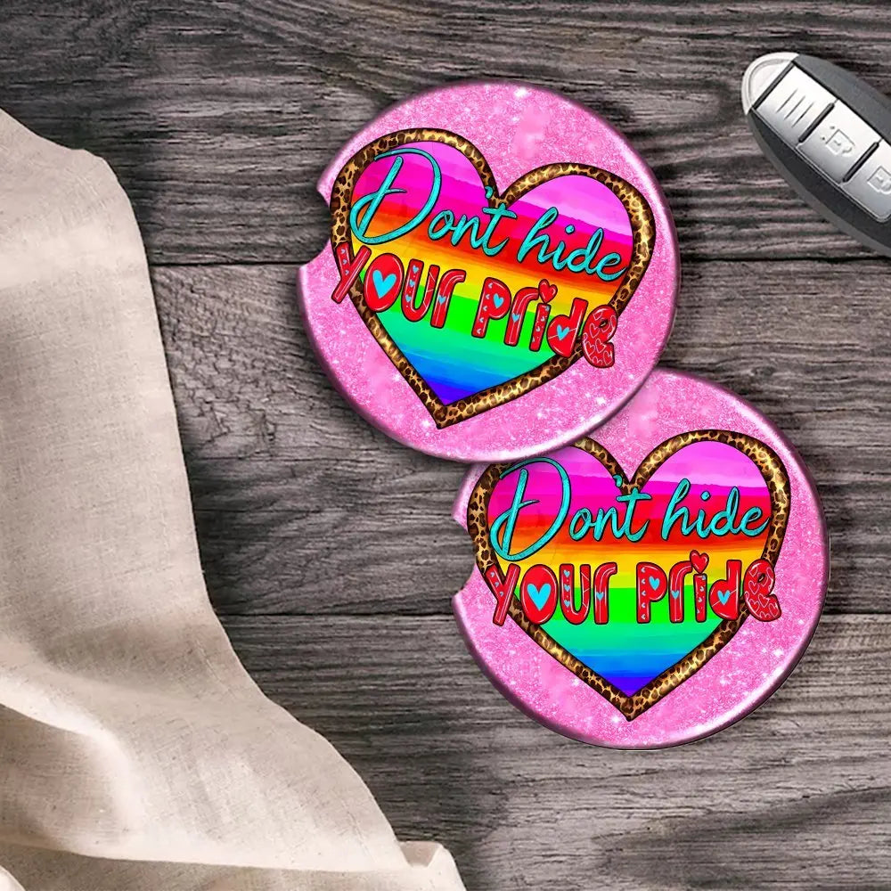 Rainbow Pride Heart Car Coasters – Heat-Resistant Acrylic Set of 2 Car Coaster Set HIP