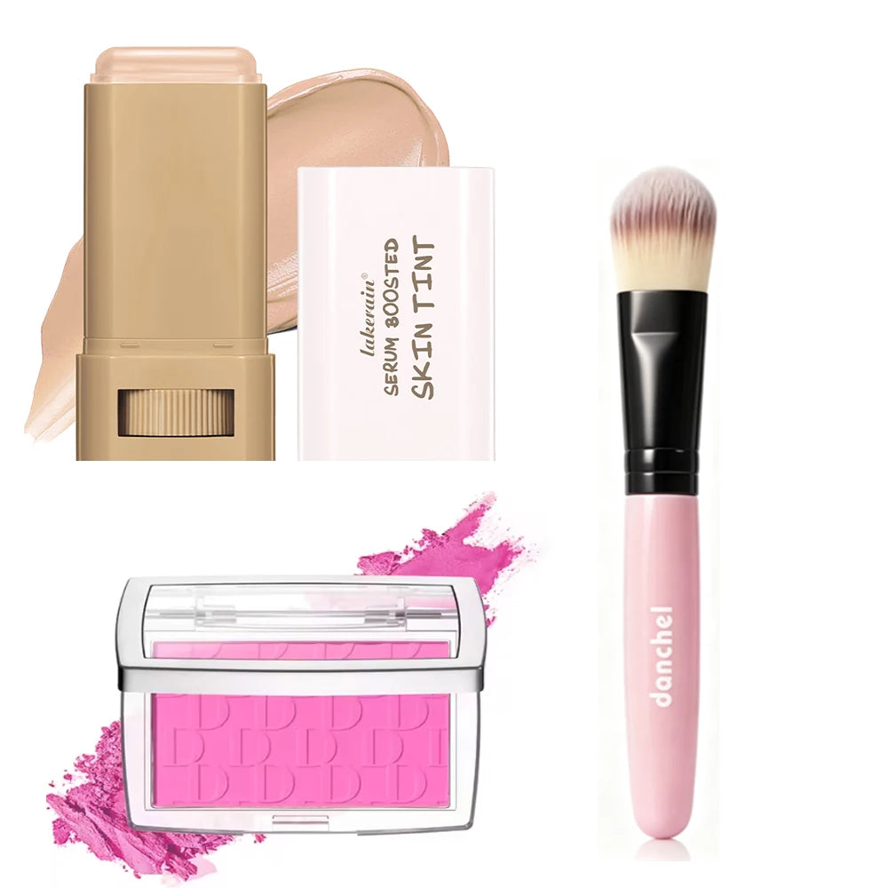 3pcs Skin Tint Stick Foundation & Pink Blush With Makeup Brush Coverage Even Skin Tone Blendable Travel Daily Face Cosmetics Kit HIP Color 4