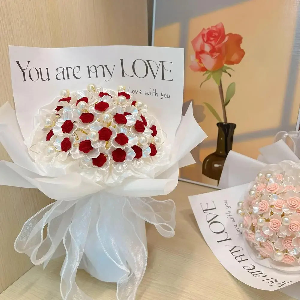 For Valentine's Day Craft Gifting Pearl DIY Rose Bouquet Material Kit Romantic Ribbon Artificial Flower Handmade Accessory Set HIP