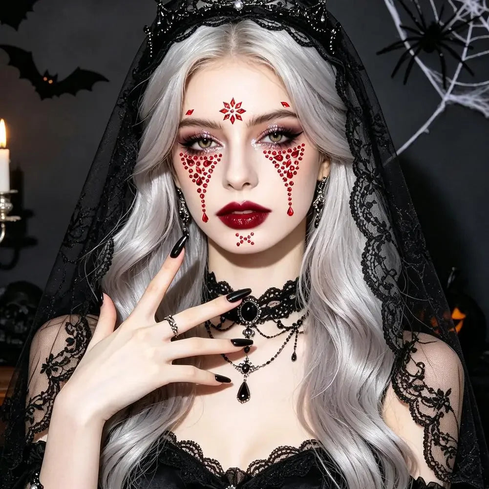 Self‑Adhesive Face Rhinestone Stickers Horror Cosplay Ornament Creative Halloween Red Black Spider Web Cross Scar Gem Decals HIP