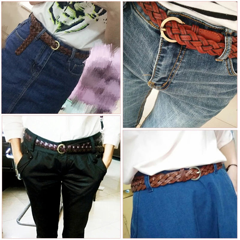 Women's Faux Leather Braided Belt | Gold Round Buckle Women's Fashion Belt HIP