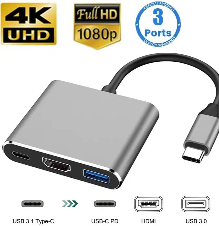 3-in-1 USB-C Hub:type-c 3in 1 PD100W+HDMI(4K/30Hz)+USB3.0 HIP Gray