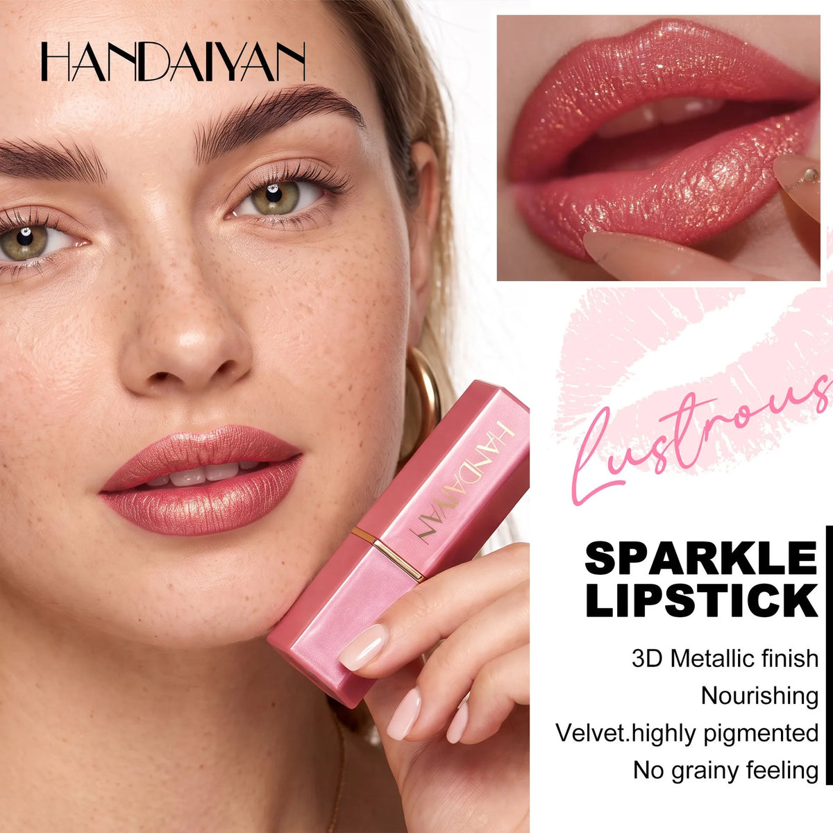 Pearlescent Glitter Lipstick Hexagonal Gold‑plated Tube Design Moisturizing Shiny Lip Stick Long Wear Non‑dry Women Lips Makeup HIP