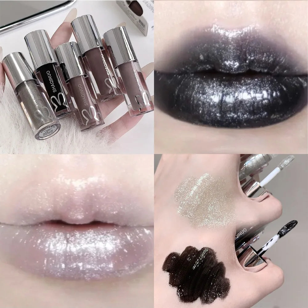 Black Rabbit Gothic Silver Metallic Lip Gloss Black Mirror Light Translucent Lip Lacquer Non-Sticky Water Gloss Lips Tint Makeup HIP