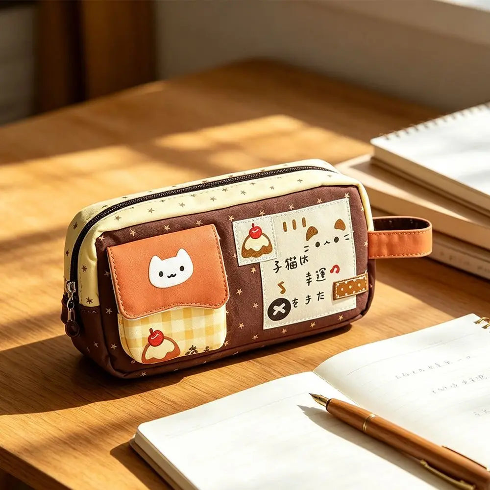 Kawaii Pudding Kitten Pencil Case – Large Capacity Zip Pouch Pencil Case HIP