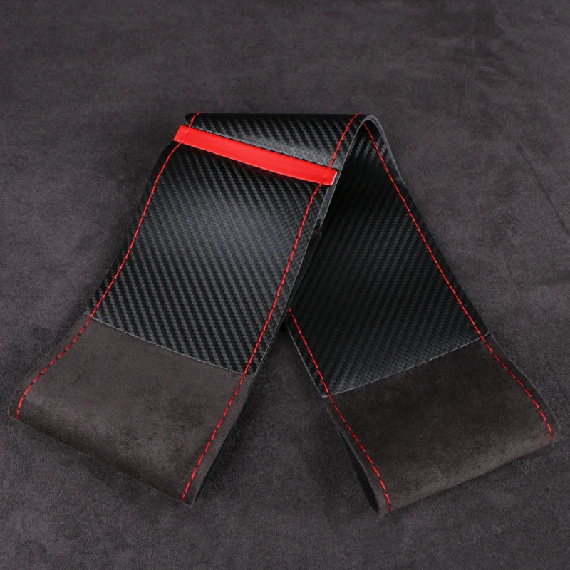 38cm Carbon Fiber & Suede Steering Wheel Cover | Universal Fit Steering Wheel Cover HIP Style A Red Thread