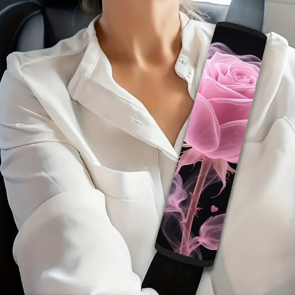 2-Pack Pink Rose Heart Car Seat Belt Shoulder Pads | Soft Seat Belt Cover HIP black