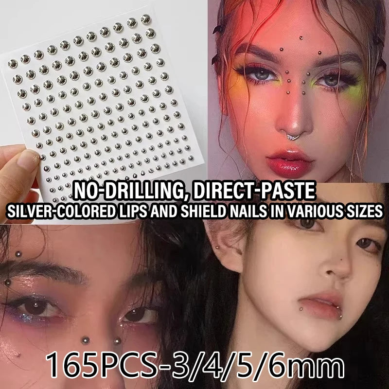 Silvery Fake Lip Eyebrow Ear Stickers Non Piercied Earring Studs Teens Hip hop Fake Nose Nails Ring Body Belly Button Jewelry HIP 165pcs