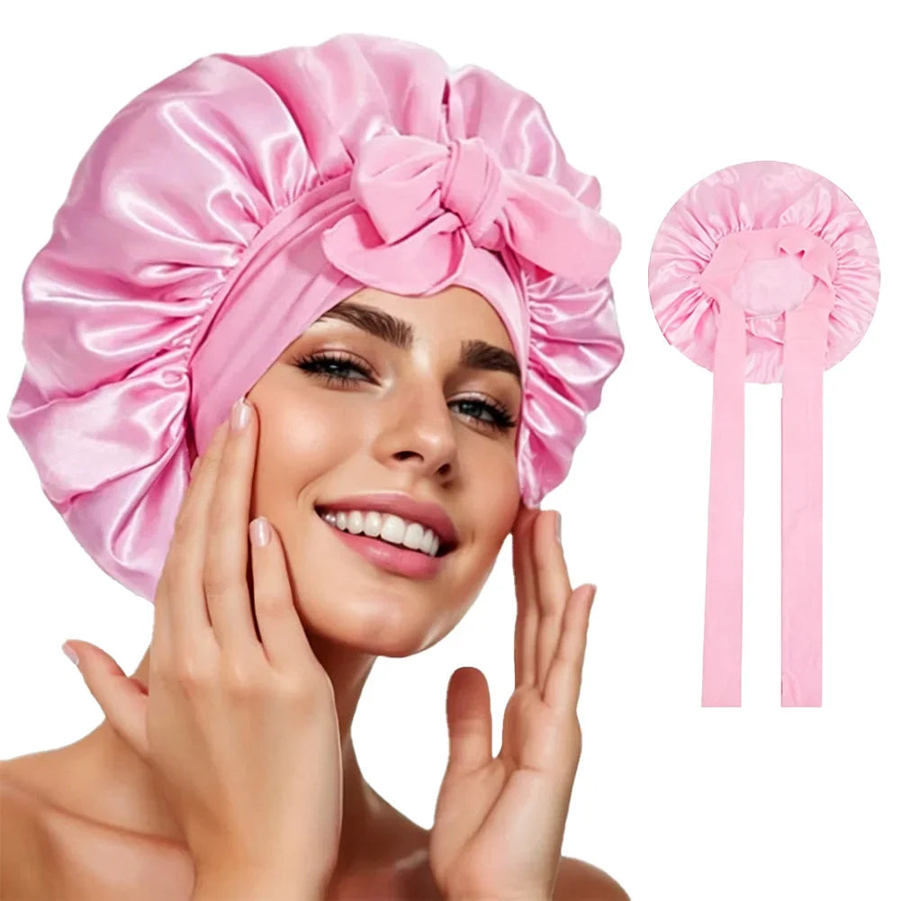 Universal Bathing Hair Head Cover Reusable Wide Brim Hair Protection Hat with Stretchy Tie Band Satin Sleeping Bonnet Shower Cap HIP Deep Pink